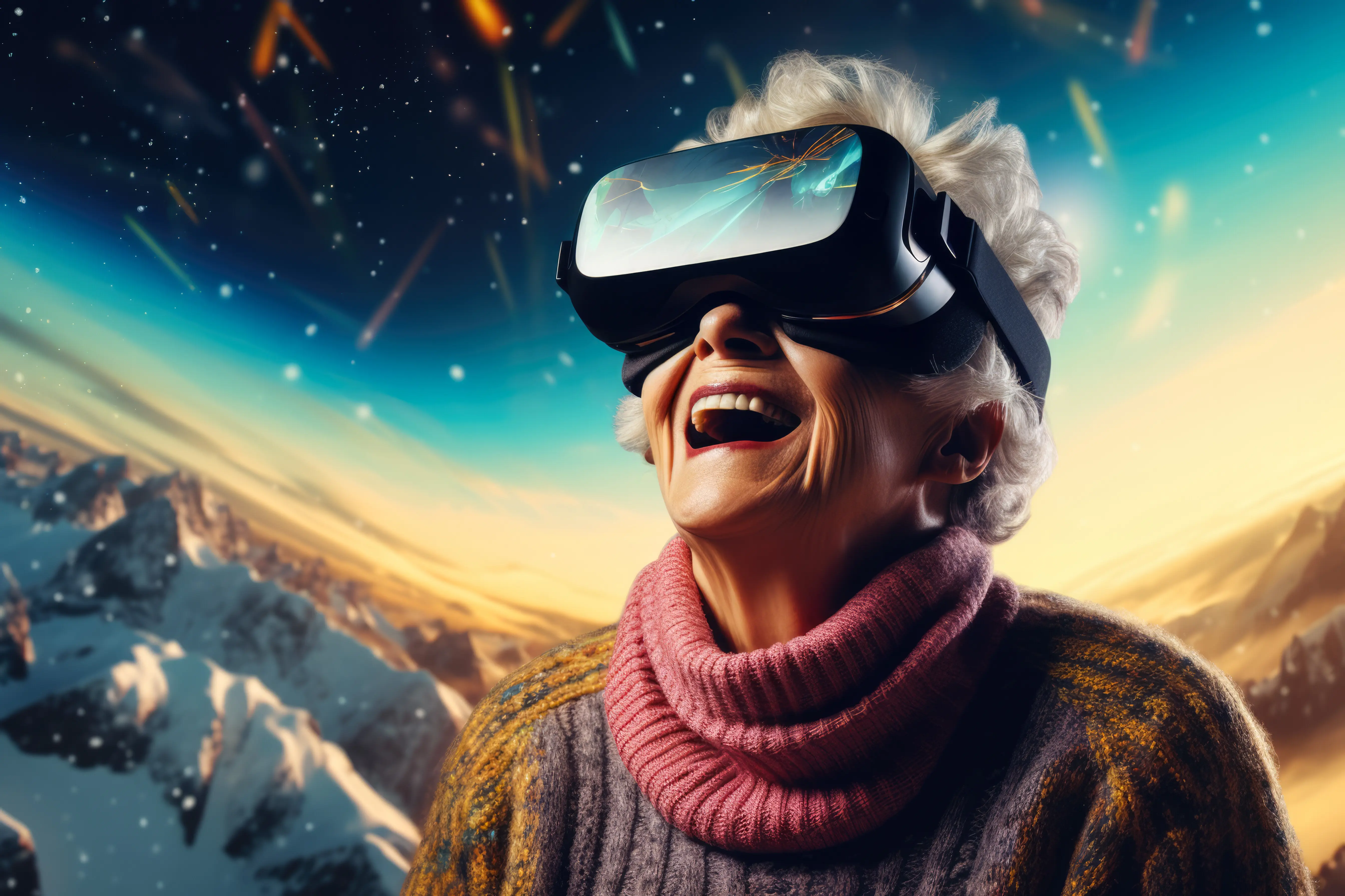 Seniorin erkundet mit einer VR-Brille verschiedene Realitäten, generative KI.