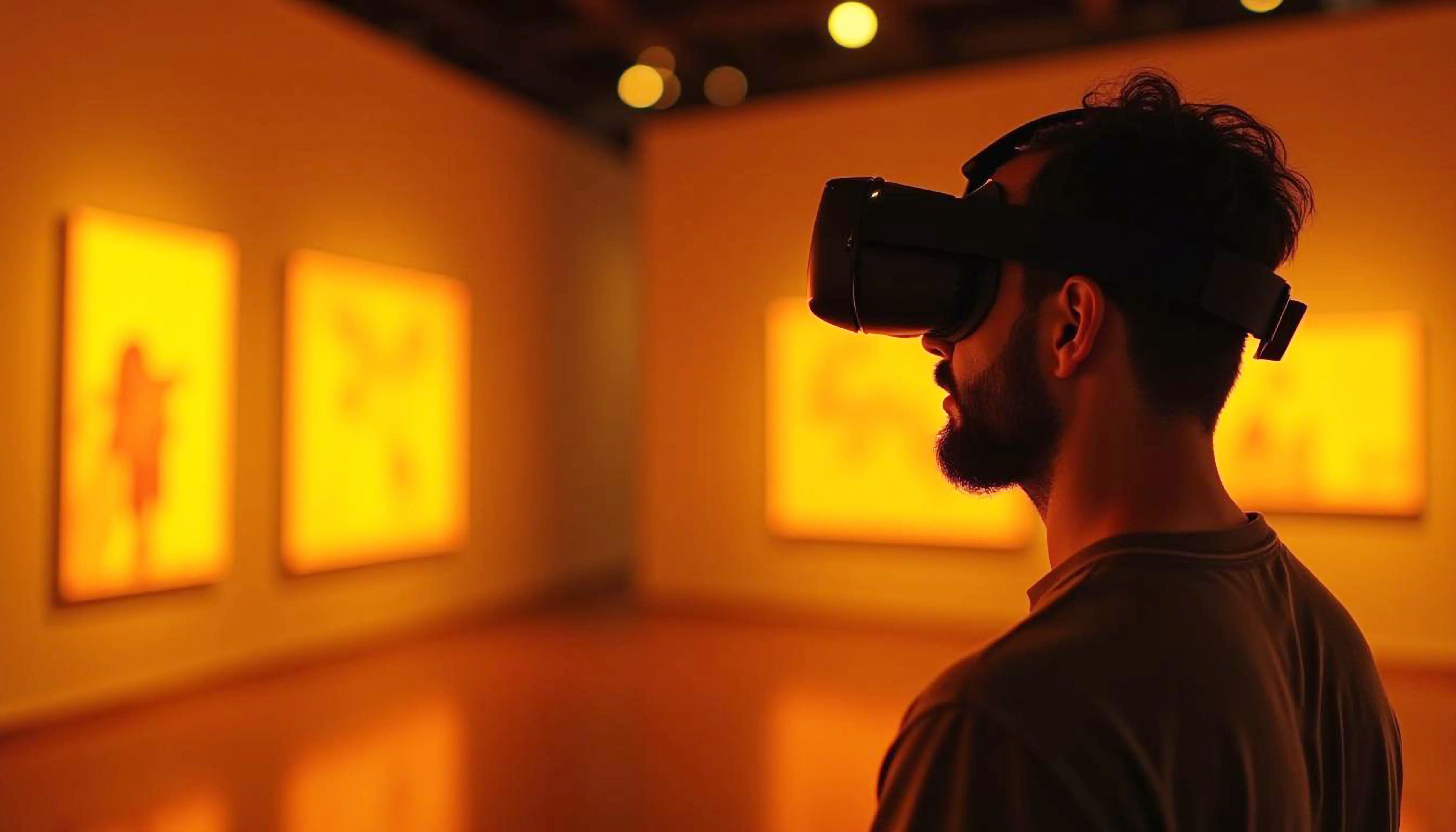 Eine Person nutzt ein VR-Headset in einem Kunstmuseum und interagiert mit unsichtbarer digitaler Kunst.