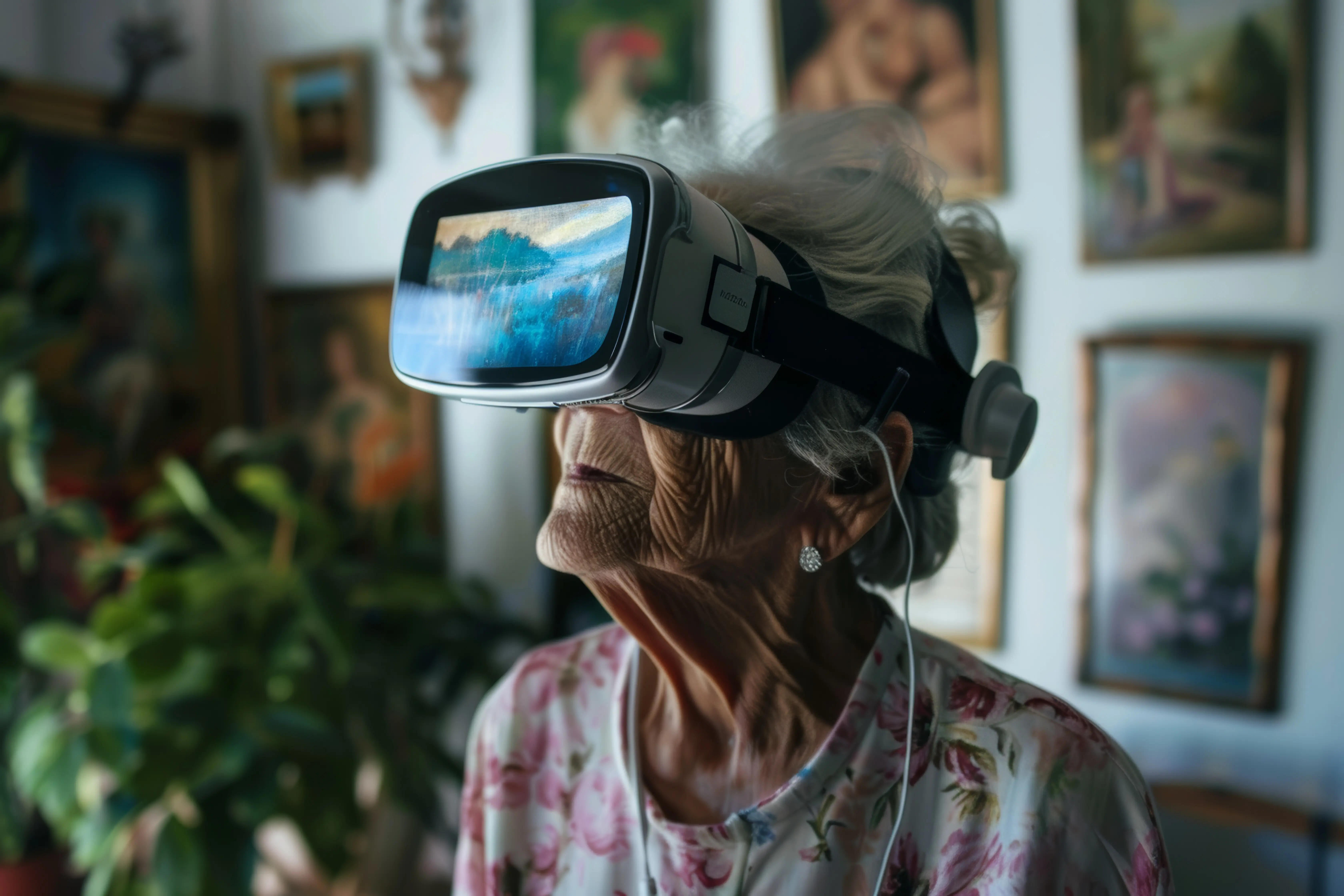 Ältere Frau mit VR-Brille erlebt eine virtuelle Kunstgalerie voller Ehrfurcht und Inspiration