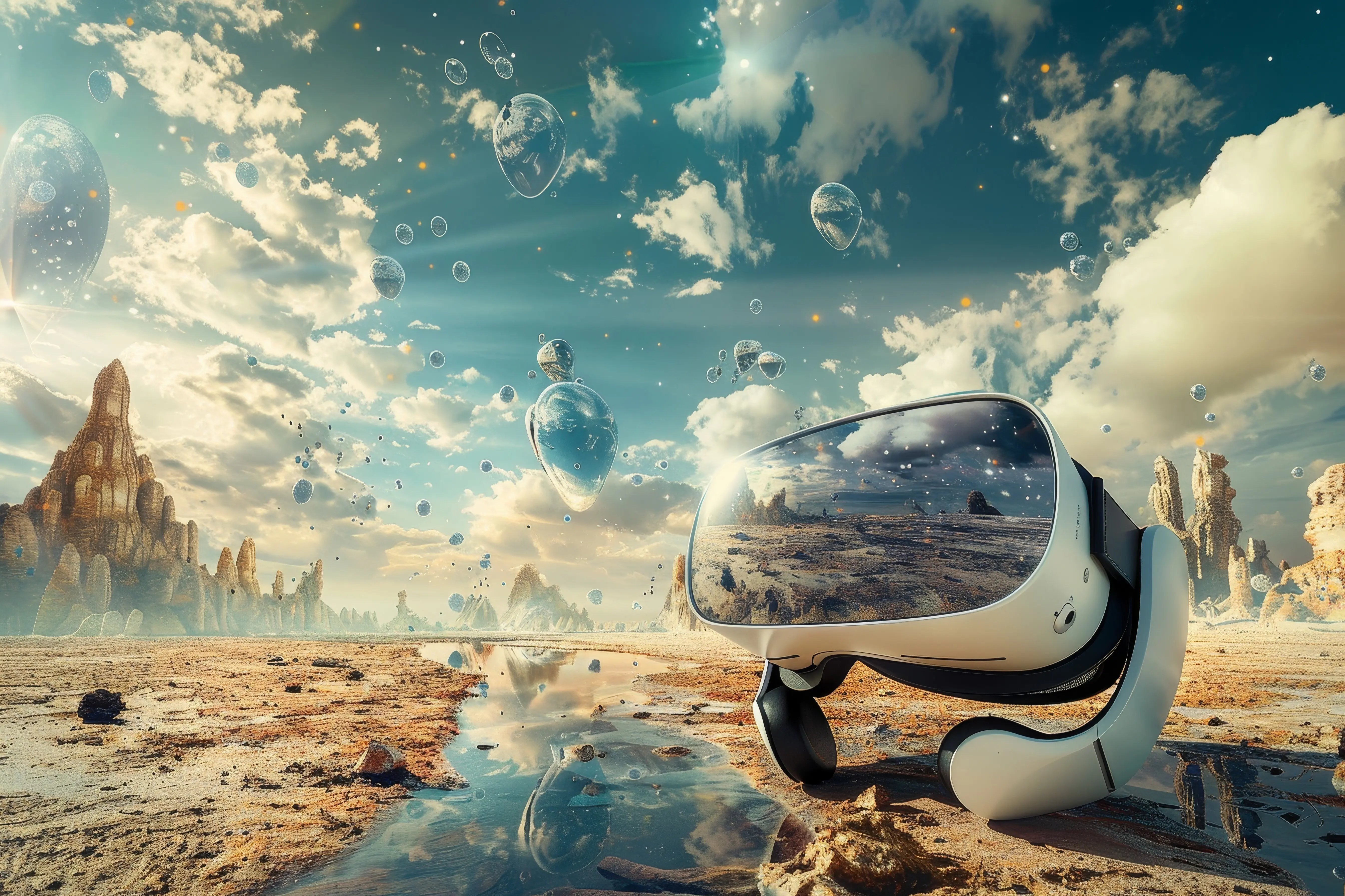 Ein Virtual-Reality-Headset und Controller liegen auf dem Wüstenboden in einer surrealistischen Landschaft.