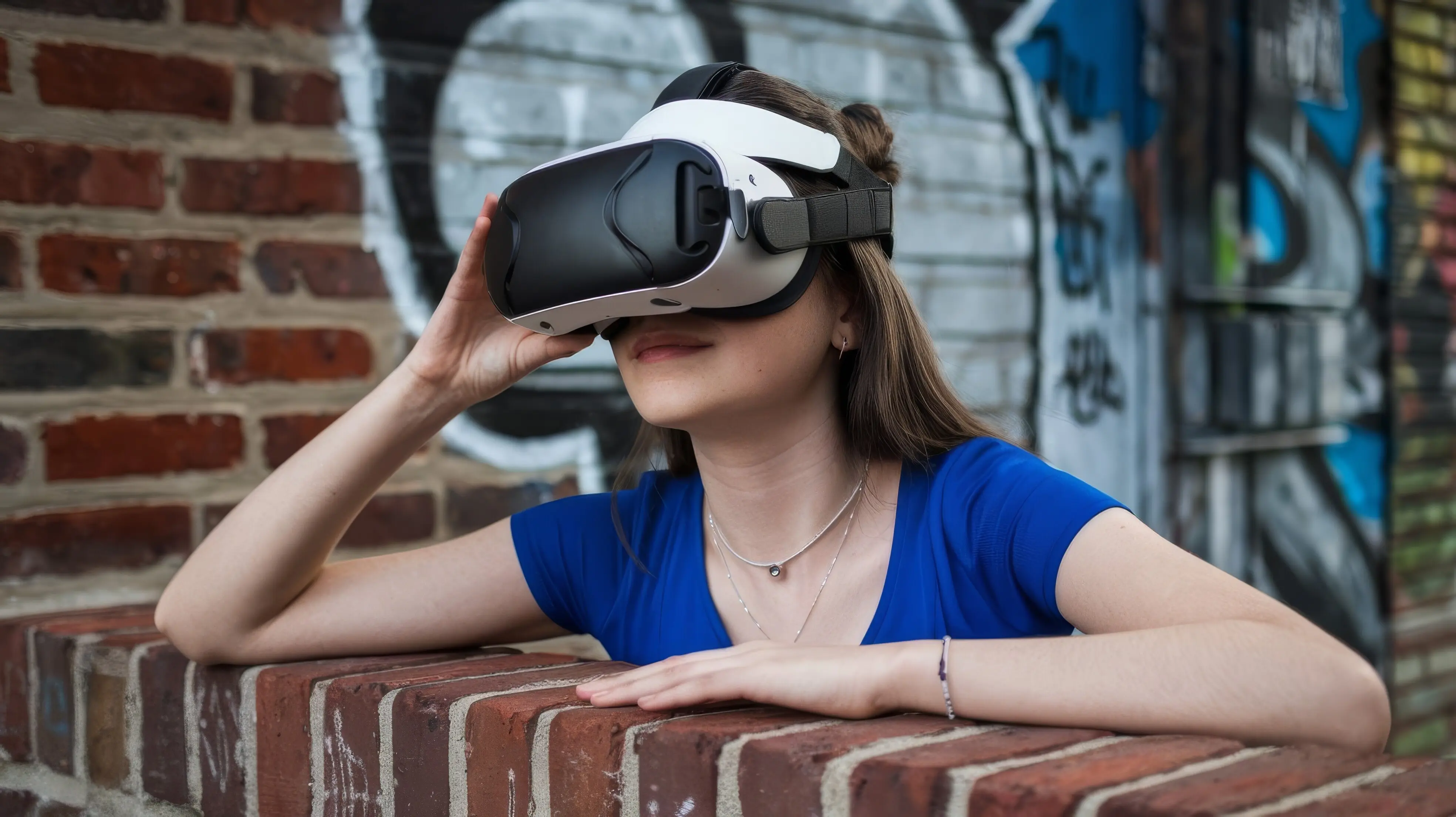 Eine junge Frau trägt ein VR-Headset und lehnt an einer Wand.