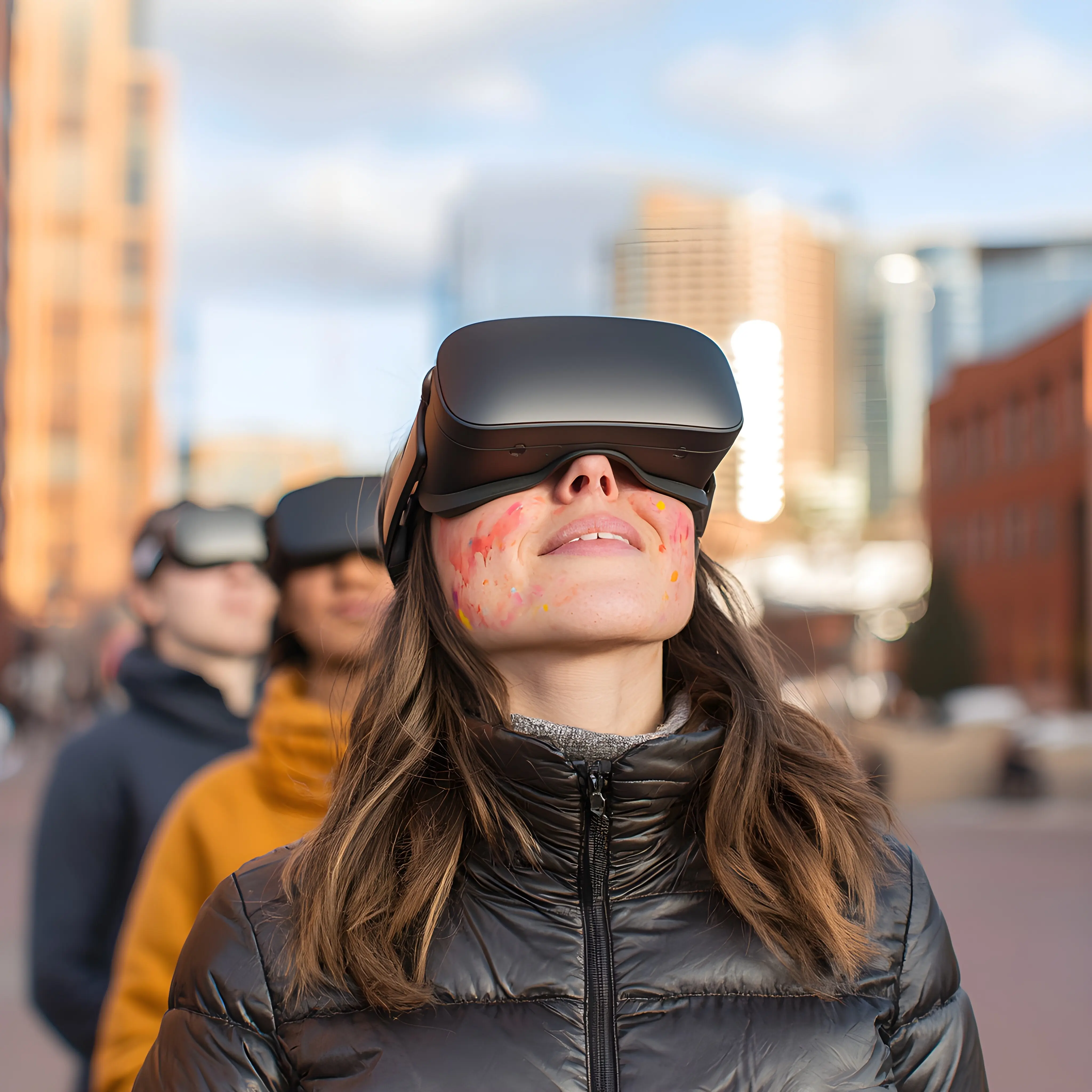 Eine Gruppe von Freunden erlebt im Freien virtuelle Realität.