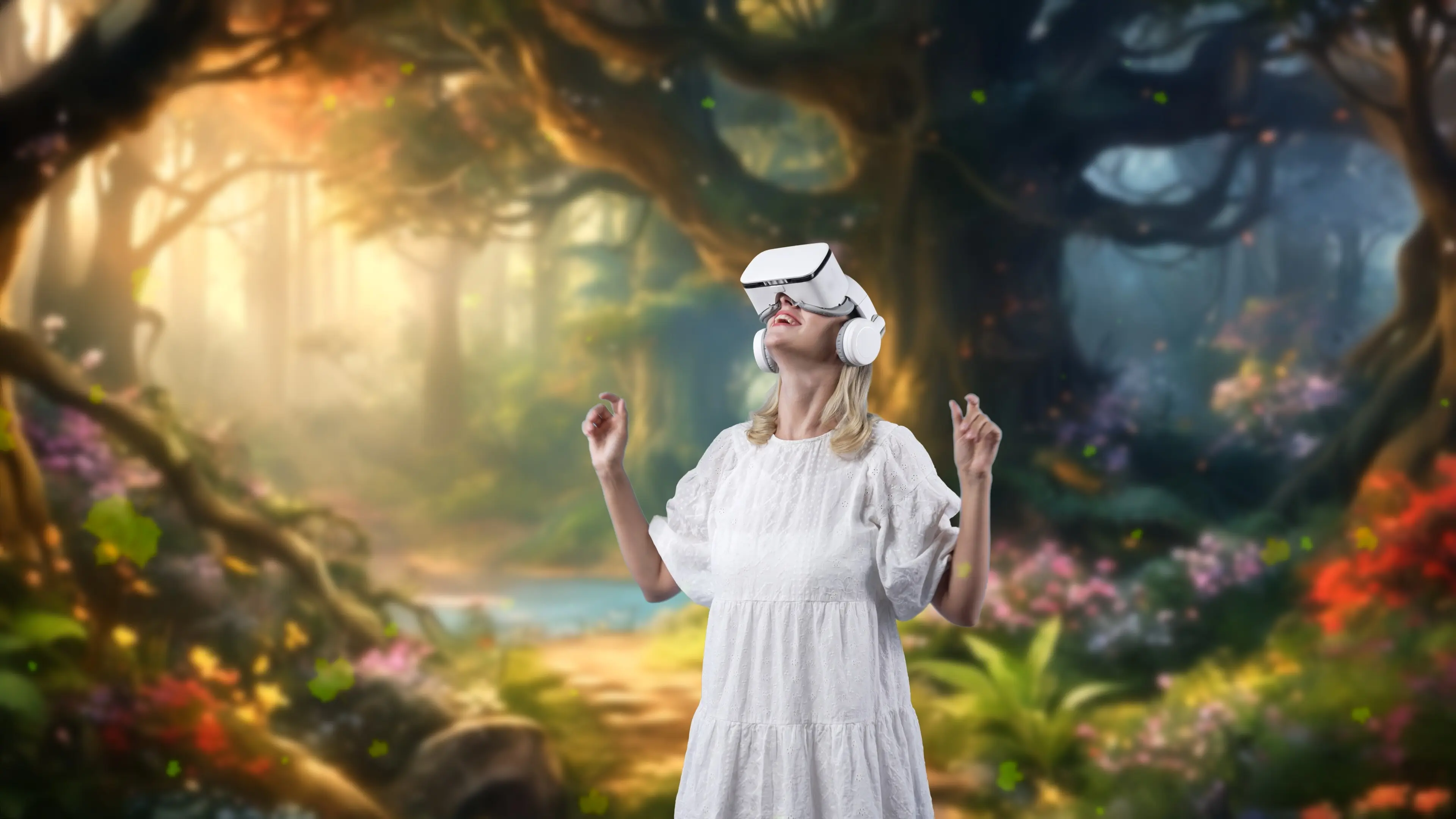 Beeindruckende Frau, die per VR in eine Geschichten-Stream-Vorrichtung mit fallenden Ahornblättern blickt.